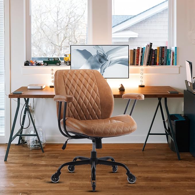 YFO Home Office Desk Chair Office Rubber Casters Ergonomic Computer Chair with Lumbar Support Adjustable Height Rolling Swivel Executive Task Armrests Chair, Brown Leather