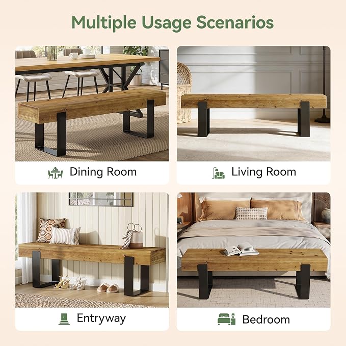 Solid Wooden Entryway Bench, 63" Farmhouse Indoor Shoe Bench with Metal Legs, Industrial Long End of Bed Stool with Seating for Entry, Hallway, Porch, Living Room, Mudroom, Easy Assembly
