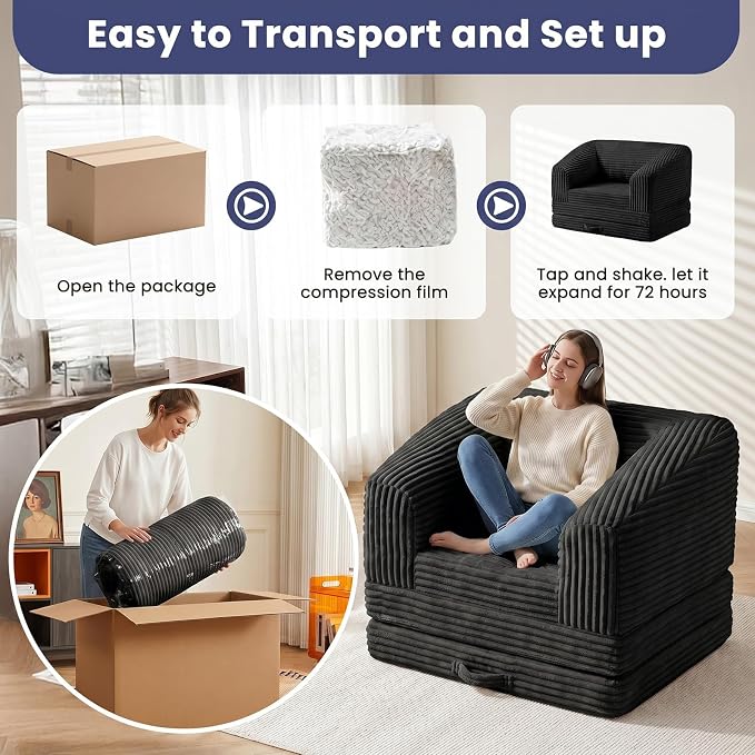 JUIKURY Convertible Sofa Bed, 3-in-1 Foldable Loveseat Couch with Armrest, Corduroy Floor Sofa & Sleeper Bed, No Assembly High-Density Foam Futon Mattress for Living Room, Small Apartment, Dorm