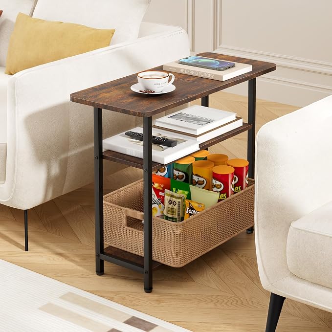 SLEEPING LAMB Side Table for Living Room, 3-Tier End Table for Small Space with Wide Storage Tabletop, Rustic Brown Narrow Nightstand for Bedroom, Sofa Couch