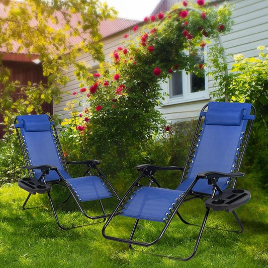 Nazhura Set of 2 Relaxing Recliners Patio Chairs Adjustable Steel Mesh Zero Gravity Lounge Chair Beach Chairs with Pillow and Cup Holder (Blue)