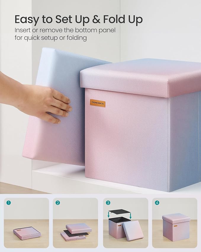 SONGMICS Folding Storage Ottoman Bench, Linen Fabric, Storage Chest, Foot Rest Stool, Holds up to 286.6 lb, 11.8 x 11.8 x 11.8 in, Bedroom Bench, Pink-Blue Ombre, Minota Collection ULSF028X101