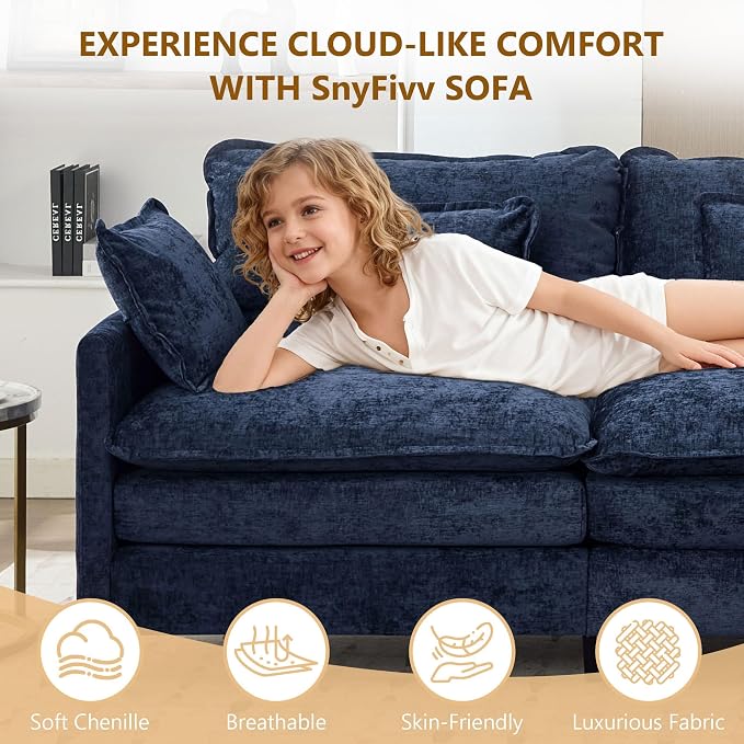 113" Chenille Modular Sectional Sofa, Convertible L Shaped Modular Sofa Comfy Cloud Couch with Ottoman, Side Pockets and 5 Throw Pillows for Living Room (Blue, 75.3" - 3 Seats)