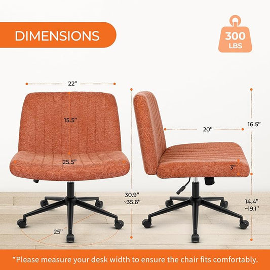 Orange Factory Criss Cross Chair Wheels Wide Cross Legged Office Desk Vanity Dual Base Comfy Fabric Armless Adjustable Swivel for Home Computer Task (Brown Dual Base, Fabric)