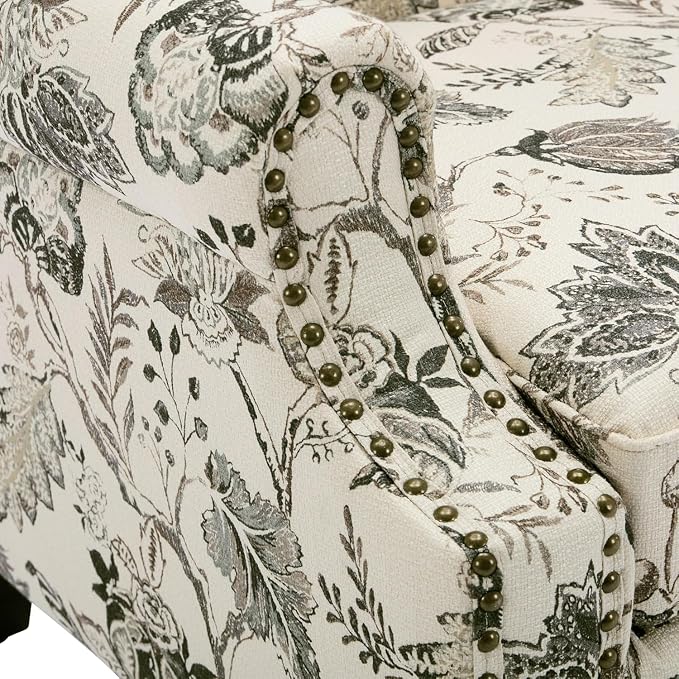 High Back Accent Chair, Fabric Upholstered Armchair Floral Wingback Chair for Living Room, Comfy Solid Wood Legs Bedroom Reading Seat - Plants Beige