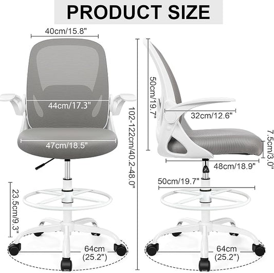 Drafting Chair Tall Office Chair with Flip-up Armrests, Adjustable Height, and Enhanced Lumbar Support - Ergonomic Rolling Stool, Back Support, and Adjustable Foot Rest Ring for Standing Desk Gray