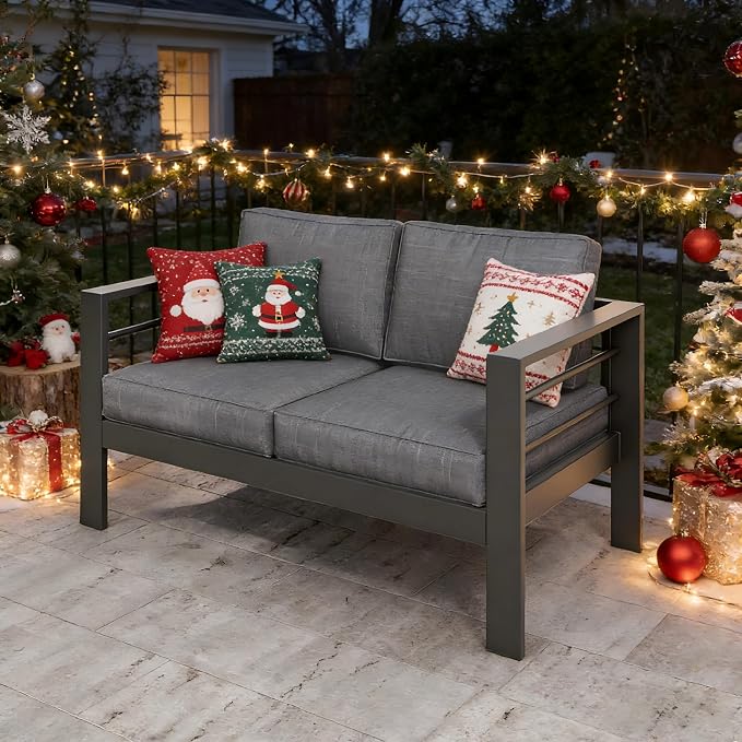 Kiss the Water Loveseat Aluminum Outdoor Patio Sofa Set, All Weather Rust-Proof Metal Patio Couch, Modern Outdoor Furniture for Backyard Porch Garden, 5" Thick Waterproof Olefin Cushions, Light Grey