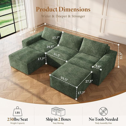 Vesgantti 114" Boneless Modular Sectional Sofa, Modern U Shaped 5 Seater Couch with 2 Ottoman & Deep Seat, Convertible Chenille Cloud Couches for Living Room, No Assembly Required, Green