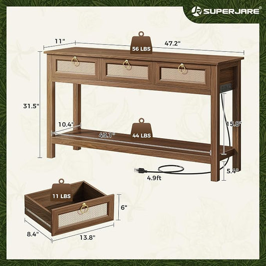SUPERJARE Rattan Console Sofa Table with Outlets and USB-C Port, 3 Drawer Entryway Table with Synthetic Rattan Surface, Open Shelf, Behind Couch Entry Foyer Hallway Storage, Brown