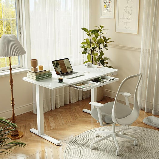 CubiCubi 48x24 Standing Desk with Glass Top, Height Adjustable Computer Desk with Drawer, One-piece Rising Home Office Desks with Positon Memory, Sit Stand Up Electric Workstation Table, White