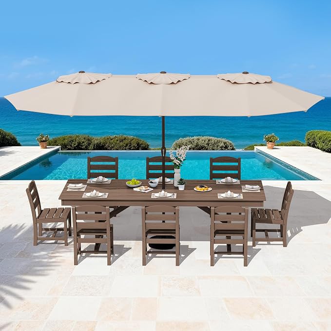 SERWALL 9 Piece 84" HDPE Outdoor Dining Set for 8 with Armless Chairs and Umbrelle Hole, Brown