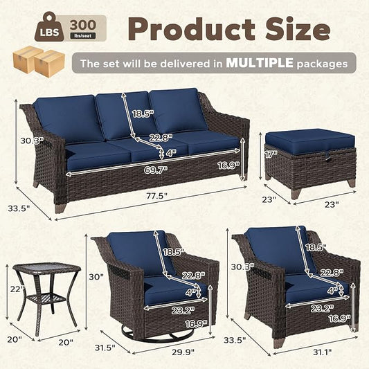 11 Pieces Patio Conversation Furniture Set - 1 Sofa, 2 Ottoman, 2 Armchairs, 4 Swivel Chairs, 2 Side Tables, Outdoor Wicker Furniture with Removable Cushions for Porch, Sunroom (Blue)