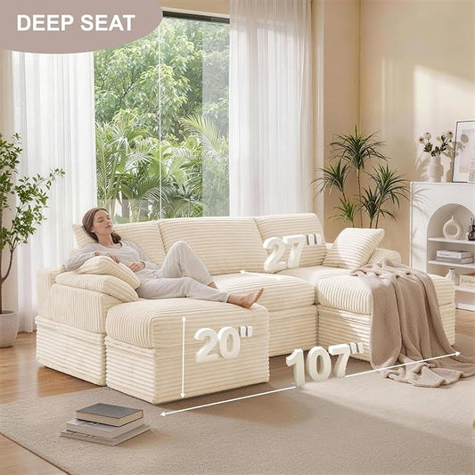 107" Modular U-Shaped Sectional Sofa with Storage, 3-Seat Corduroy Boneless Couch, 27" Deep Seat Cloud Couch & 2 Movable Ottoman, Tool-Free Assembly, Couch for Living Room, Beige