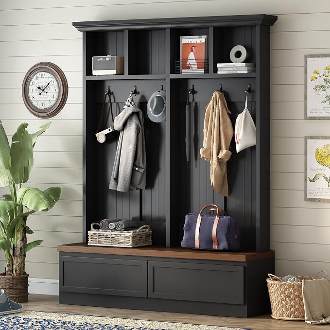 55.9" W Hall Tree with Bench and Shoe Storage,Shoe and Coat Rack with Drawer and Hooks,Farmhouse Furniture for Entryway,Mudroom,Living Room,Black