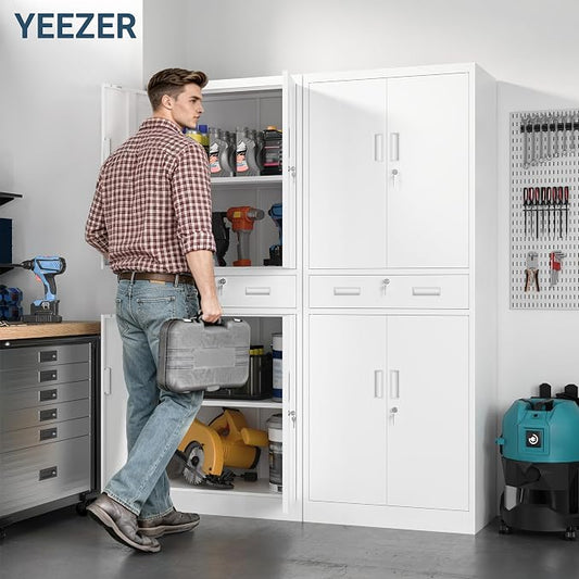 71" H Tall Metal Storage Cabinet with Drawer, Metal Garage Storage Cabinet with Lock and 2 Adjustable Shelves for Home, Office, Garage, Warehouse Organize, White