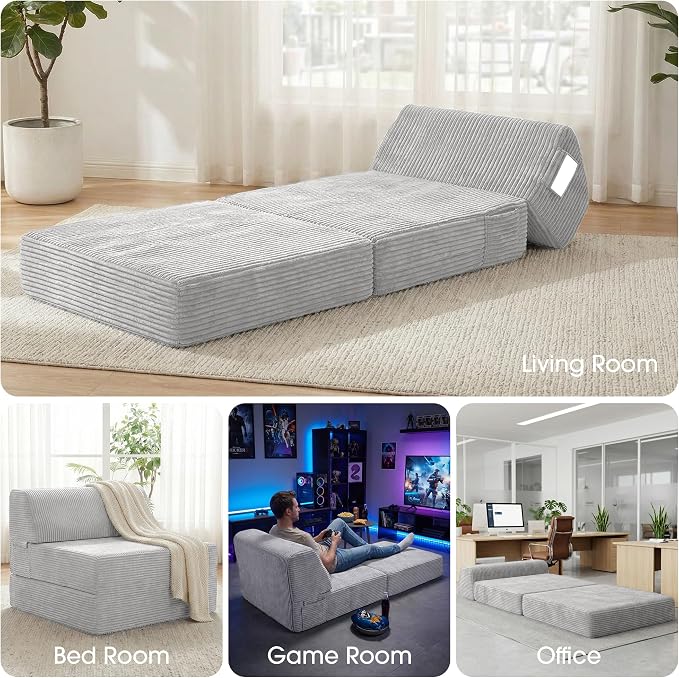 Kasunpul Folding Sofa Bed with Pillow, Memory Foam Fold Out Chair Bed, Convertible Sleeper Chair with Washable Cover, Futon Floor Couch for Living Room/Dorm/Guest Use/Home Office/Apartment, Light Grey