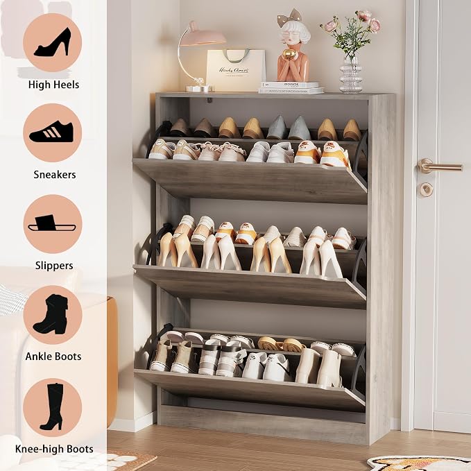 Shoe Storage Cabinet, Wood Shoe Organizer for Entryway with 3 Flip Drawers, Freestanding Shoe Rack with Adjustable Shelf, Narrow Shoe Dresser for Front Door Entrance (Grey, 3 Drawers)