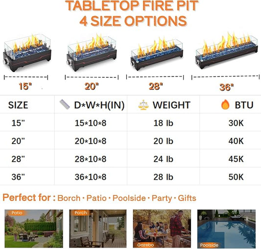 GRISUN Tabletop Fire Pit,36 Inch Propane Fire Pit Table,50000 BTU Table Top Firepit with Glass Wind Guard,Stainless Steel Burner,Fire Glass,Portable Propane fire Pit for Patio, Camping, Backyard & RV