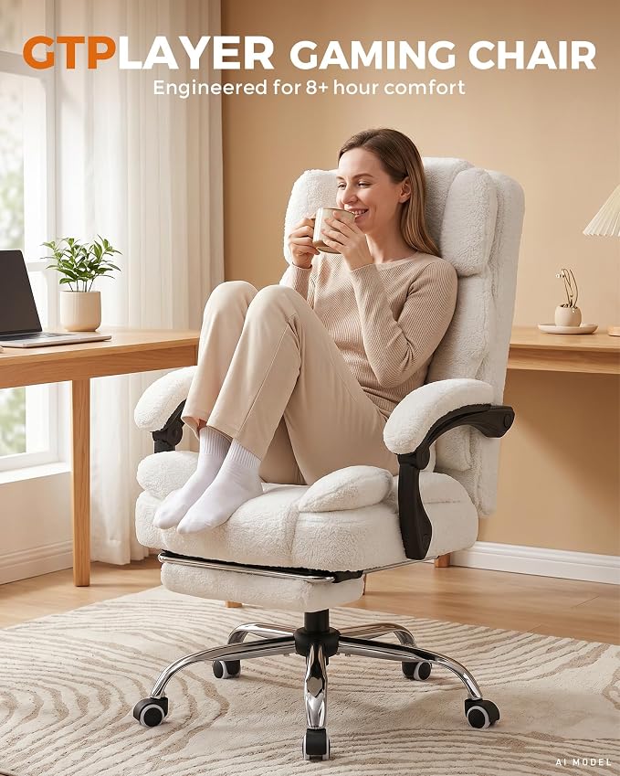 GTPLAYER Big and Tall Office Chair with Pocket Spring Cushion & Ergonomic Lumbar Support for Lower Back Pain Relief, High Back Computer Gaming Chair with Foot Rest, Comfy Teddy Fleece, White
