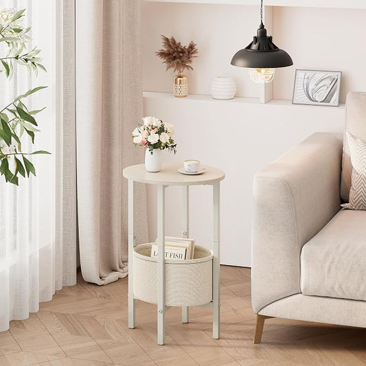 Vagusicc Round Side Table End Table with Storage Basket, Small Side Table Round Nightstand for Small Spaces, Tall Oval End Table with Steel Frame, Coffee Bedside Table for Living Room, Begie