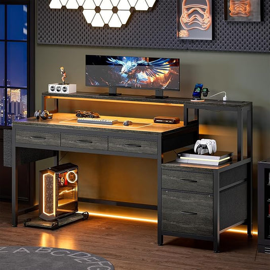 REAHOME 61 Inch Gaming Desk with Charging Station and LED Lights, Reversible Computer Desk with Storage Drawer and Monitor Stand, Modern Desk Table with File Cabinet & Side Pocket, Grey Oak