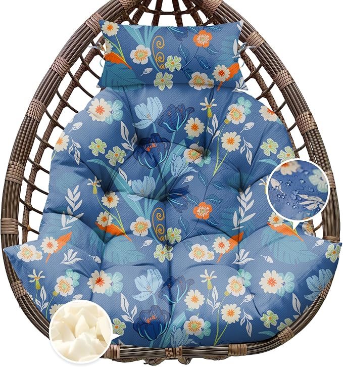 Outdoor Hanging Egg Chair Cushion Replacement, Extra Large Waterproof Egg Swing Cushions with Headrest Pillow and Ties, U-Shaped Thickened Cushion for Hanging Eggs Chair (Blue Floral)