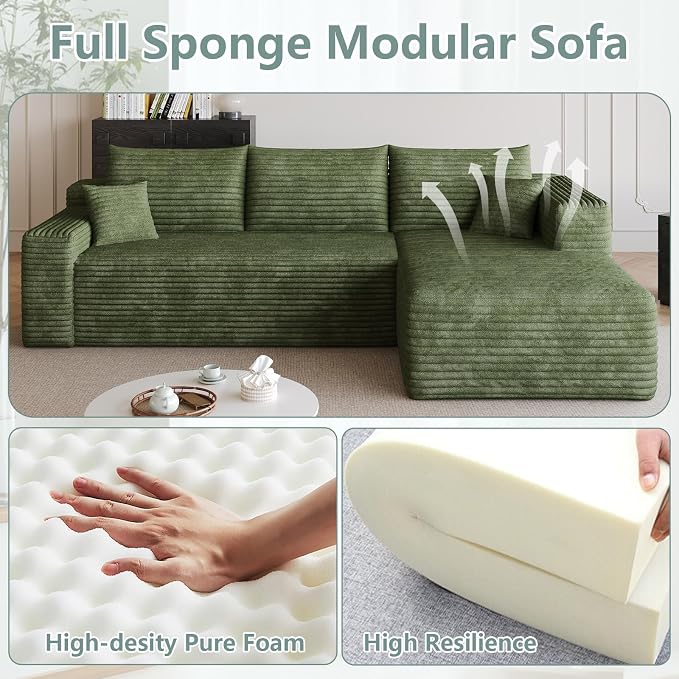 95" Modular Sectional Sofa, Modern Corduroy Cloud Couch with Side Pockets, Boneless Couch Upholstered 3-Seater L-Shaped Sofa for Living Room, No Assembly Required (Green,Right-Facing Chaise)