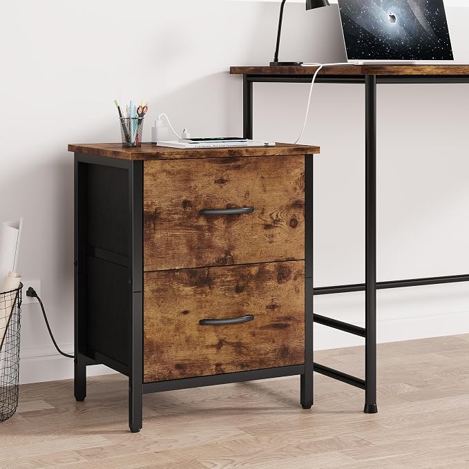 Vagusicc Nightstand Set of 2 with Charging Station, End Table Bedside Table with Power Outlet & USB Ports, Side Table with 2 Fabric Drawers for Bedroom, Living Room, Rustic Brown
