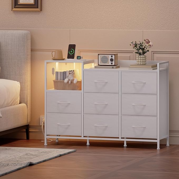 Somdot White Dresser for Bedroom with 8 Drawers,Wide Fabric Night Stand for Storage and Organization with Fabric Bins,Chest of Drawers for Bedroom Chest of Drawers for Living Room Entryway