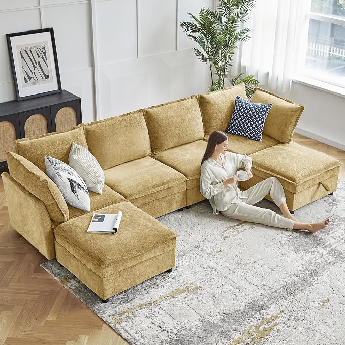HULALA HOME 127'' Modular Sectional Sofa, Oversized U Shaped Couch with Storage Ottoman, Comfy Chenille Sofa with Deep Seat, 6 Seat Convertible Couches for Living Room, Cream