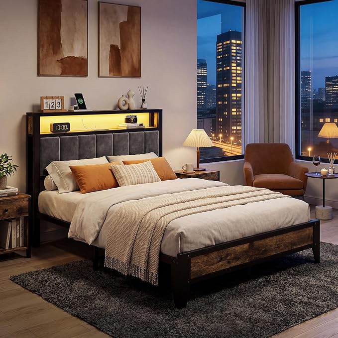 OLEVS Full Size Bed Frame with Charging Station & LED Light, 2-Tier Storage Headboard & Footboard, Type C & USB Ports Metal Platform Bed, No Box Spring Needed, Easy Assembly