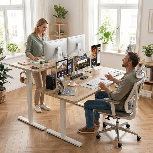 Grandder 63x32 Large Electric Standing Desk, Height Adjustable Computer Desk with 2 Memory Presets, 31.5" Deep Desktop Sit Stand Desk Home Office Desk Workstation Table with Hooks, Oak