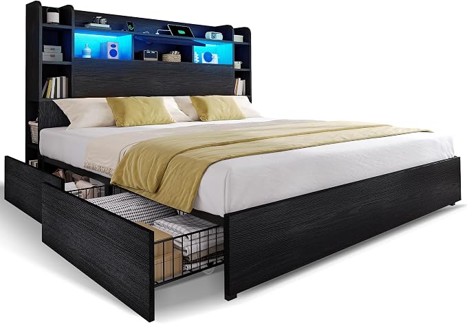 DWVO King Size Bed Frame with Bookcase Headboard and 4 Storage Drawers, RGB LED Bed Frame with Type-C & USB Charging Station Storage Headboard Beds, No Box Spring Needed, Noise Free, Black
