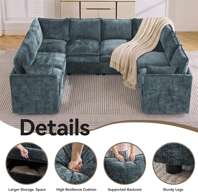 105" Blue Oversized Modular Storage Sofa, U Shaped Chenille Cloud Couch | Oversized Convertible Sectional Sofa, 8-Seat Sectional Couch With Armrests, Large Cloud Couch For Living Room, Apartment.