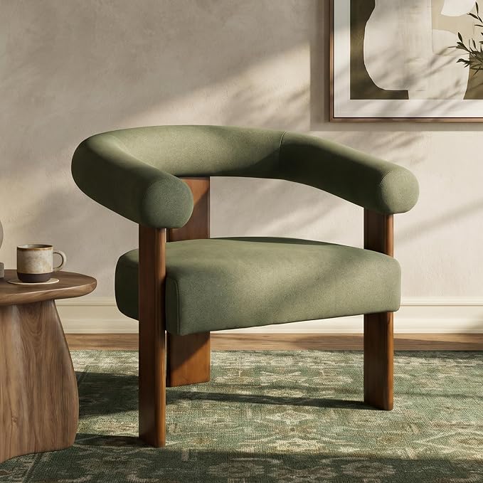 VKNOW Accent Chairs Set of 2, Living Room Chairs with Walnut Legs, Green | Mohair-type Fabric, Barrel Back, Armrests, For Adults and Family, Living Room, Bedroom, Vanity, No Wobble, Easy Assembly