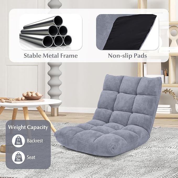 14-Position Floor Sofa, Folding Gaming Sofa Chair, Comfy Cushions & Study Steel Frame, Angle Adjustable Sleeper Bed, Couch Recliner (Grey)