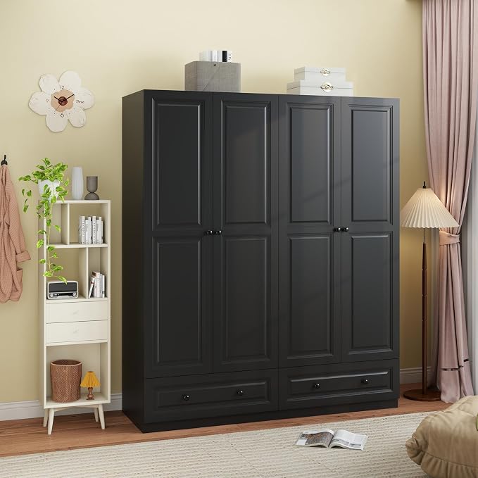 Armoire Wardrobe Closet with Drawers: 74" Black Wardrobe Closet with 4 Doors, Bedroom Armoires with 2 Drawers, Wood Closets Cabinet for Hanging Clothes (Black, 63")