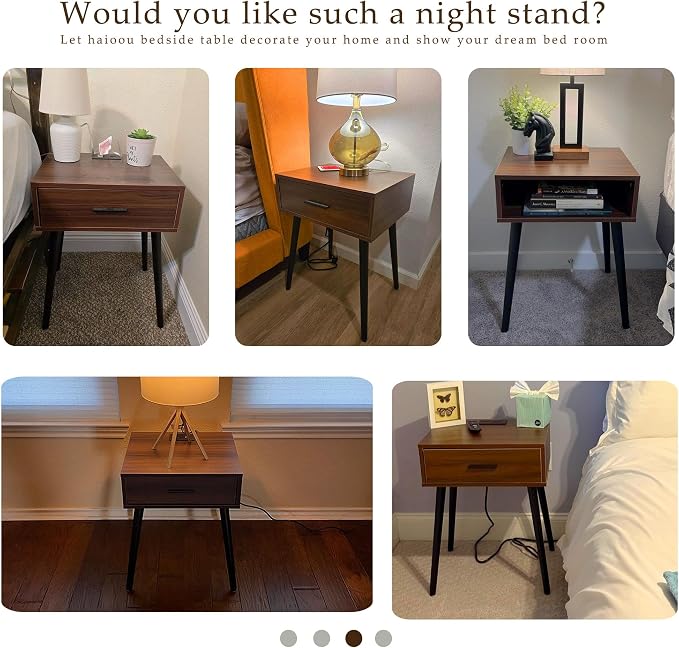 HAIOOU Nightstands Set of 2 with Charging Station, Mid Century Modern Bedside Table, End Table with Drawer Storage, Solid Pine Wood Legs, Walnut Night Stand for Bedroom Living Room