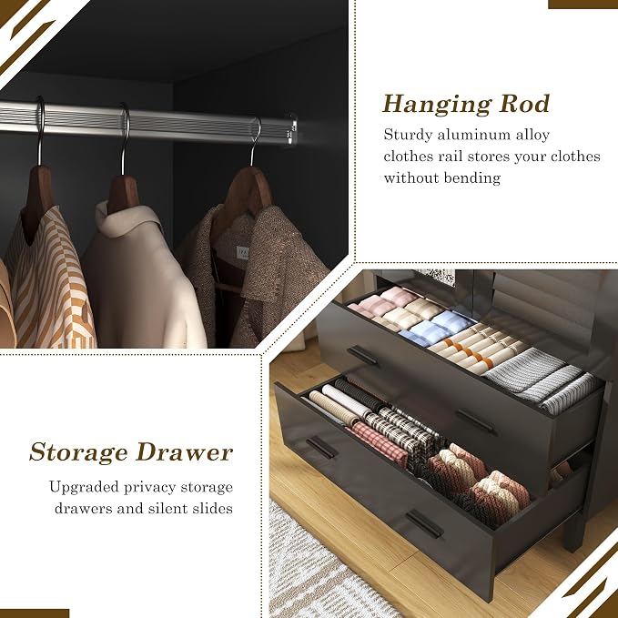 jiteentarou 2 Door Armoire Wardrobe Closet Cabinet with Drawers and LED Lights, Multi-Tier Shelves, Hanging Rod & 2 Louver Doors, Large Capacity Storage Wardrobe Armoire for Bedroom(2 Doors Black)