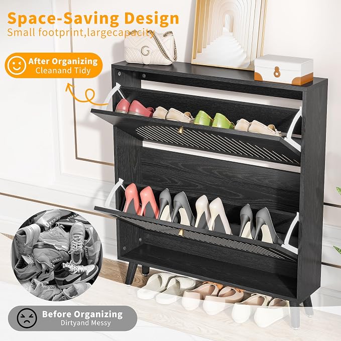 Fsbecl Shoe Storage Cabinet for Entryway with 2 Flip Drawers, Narrow Wood Shoe Cabinet with Fluted Panel, Freestanding Hidden Shoe Organizer for Foyer, Hallway (Black - No Shelf)