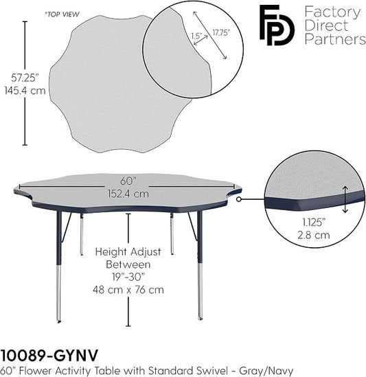 FDP Flower Activity School and Office Table (60 inch), Standard Legs with Swivel Glides for Collaborative Seating Environments, Adjustable Height 19-30 inches - Gray Top and Navy Edge