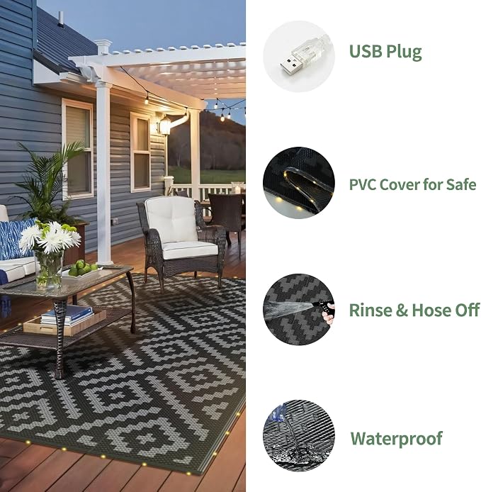 GENIMO Outdoor Rug with LED Strip Lights, 9'x12' Waterproof Camping Mat, Reversible Plastic Straw Rugs for Patio, RV, Camper, Balcony, Backyard, Picnic, Deck, Black & Gray