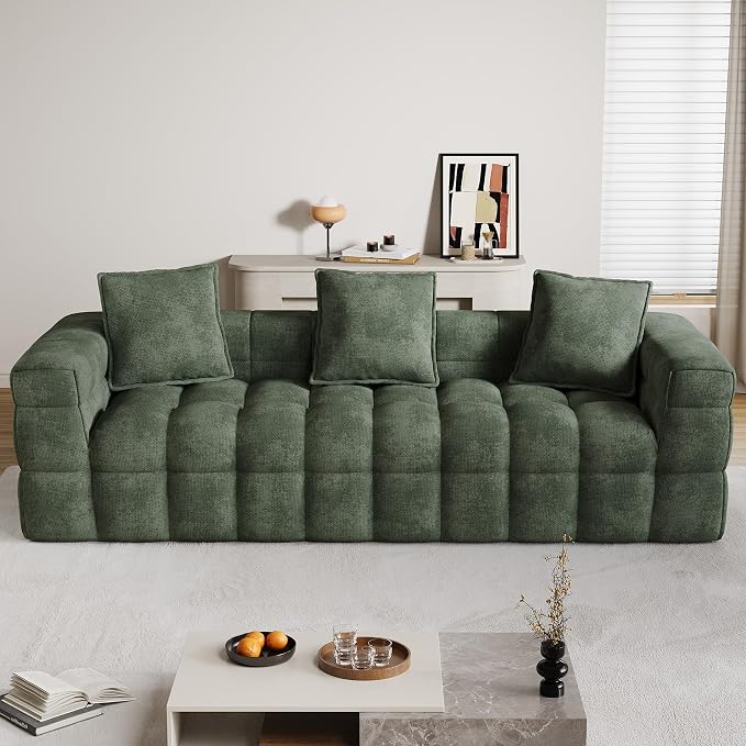 89.8" Boneless Couch,Comfy Cloud Sectional Sofa with Deep Seat,Modern Upholstered Chenille Love Seat Sofa, Oversized Couches for Living Room, No Assembly Required Tufted Sofas, Green