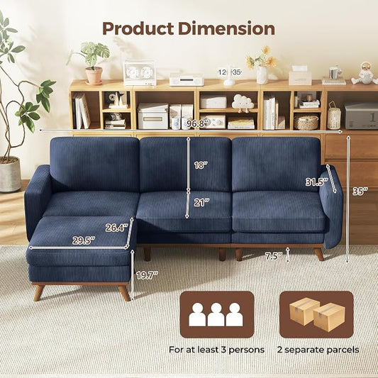 Vesgantti 97" Modular Sectional Sofa Dark Blue, L-Shaped Couch with Movable Ottoman, Comfy Corduroy Couch with Spring Cushion, Modular Sofa with Deep Seat for Living Room, Bedroom and Apartment
