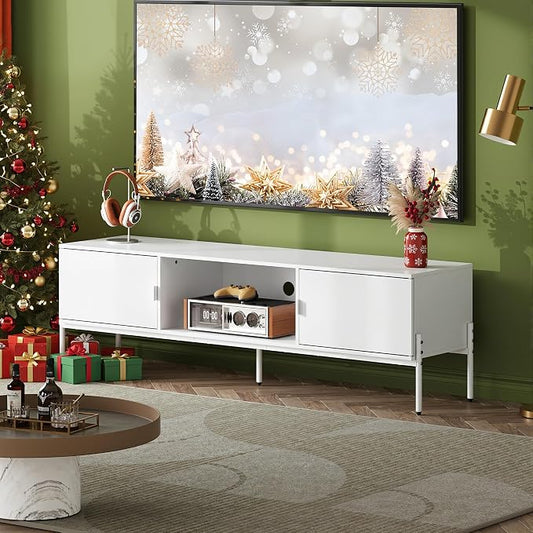 WLIVE 58" TV Stand for 65 Inch TVs, Mid Century Modern Entertainment Center with 2 Storage Cabinets & Open Shelf, Media Console Table with Metal Legs for Living Room, Bedroom, White