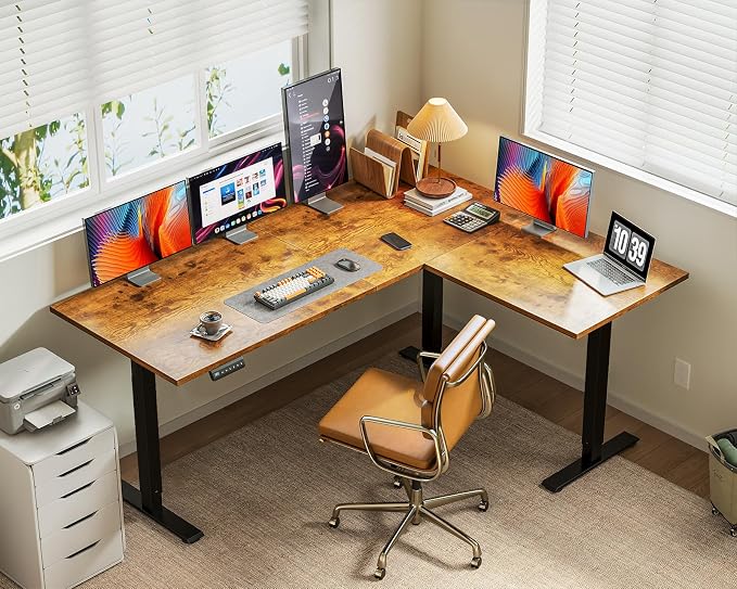 Casaottima 63 Inch Reversible L Shaped Electric Standing Desk, Ergonomic Height Adjustable Desk, Large Lift Corner Stand up Table for Workstation, Home Office, Reception Room, Rustic Brown