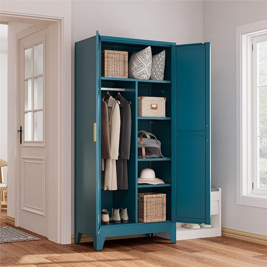 71" Tall Metal Armoire Wardrobe Closet with Hanging Rod and 3 Adjustable Shelves,Blue Storage Cabinet,Steel Wardrobe for Bedroom Garage Laundry Room Office Apartment Amployees,6 Tier,1 Pack
