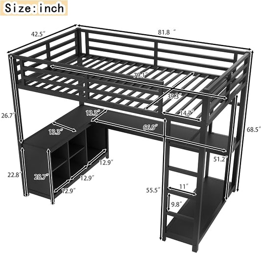 Bellemave Twin XL Size loft Bed with L Desk, Wardrobe, Metal Twin XL Loft Bed Frame for Adults, Kids, Teens, Black