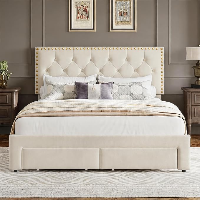 GarveeHome Full Size Bed Frame with Storage Drawers — Velvet Upholstered Platform Bed with Vintage Headboard, Wooden Slat Support, Noise-Free, No Box Spring Needed, Beige