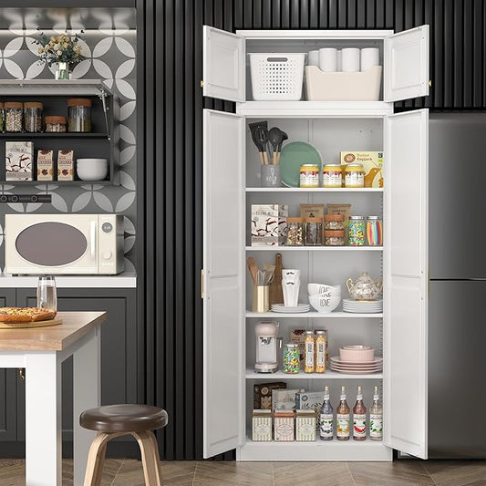 Steeloong86“ Kitchen Pantry Cabinet,Metal Storage Cabinets with Doors and 4 Adjustable Shelves,White Kitchen Cabinet with 4 Gold Handles,Tall Cabinet for Livingroom,Pantry, Bathroom